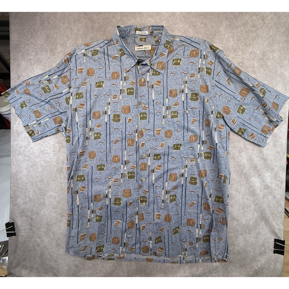 Vintage Burma Bibas Mens L Fishing Shirt Cotton Lawn Fly Rod Lure Novelty Print - Picture 5 of 11